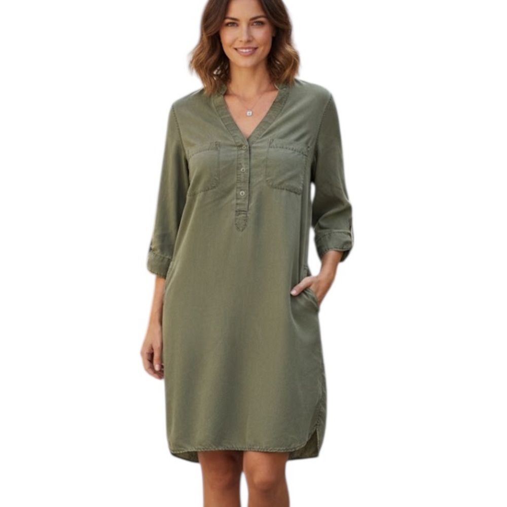 Chambrai Los Angeles Women’s Green V-Neck Shirt Dress XS Knee Length 3/4 Sleeve